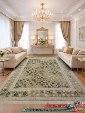 فرش وینتیح 1200 شانه طرح لنا رنگ کرم صدفی گل برجسته کاشان