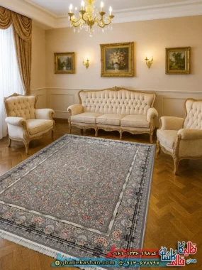 فرش کلاسیک 1200 شانه طرح افشان لی لی رز رنگ طوسی نقره ای کاشان