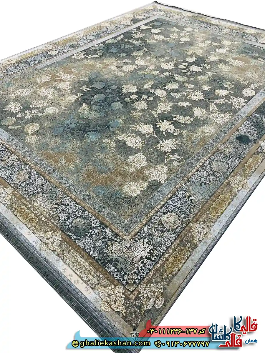 فرش وینتیج 1200 شانه طرح افشان میلان رنگ طوسی دودی آبی گل برجسته کاشان اصلی