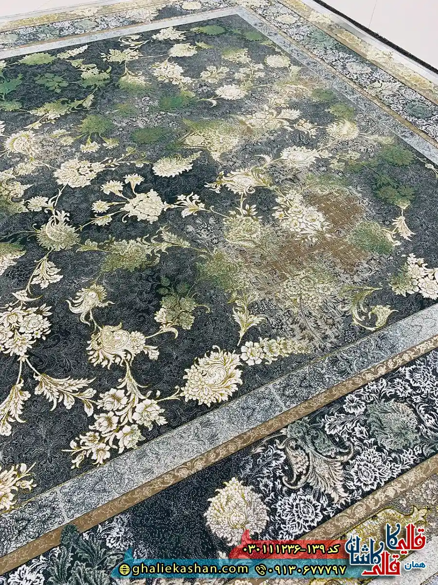 فرش وینتیج 1200 شانه طرح افشان میلان رنگ طوسی دودی سبز گل برجسته کاشان زمینه