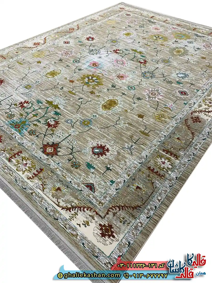 فرش وینتیج 1200 شانه طرح افشان گیلدا رنگ فیلی ترمه ای گل برجسته کاشان اصلی