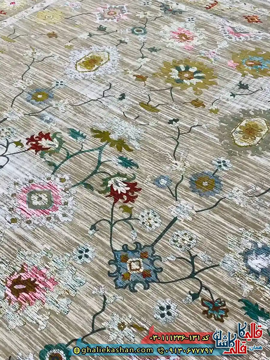 فرش وینتیج 1200 شانه طرح افشان گیلدا رنگ فیلی ترمه ای گل برجسته کاشان زمینه