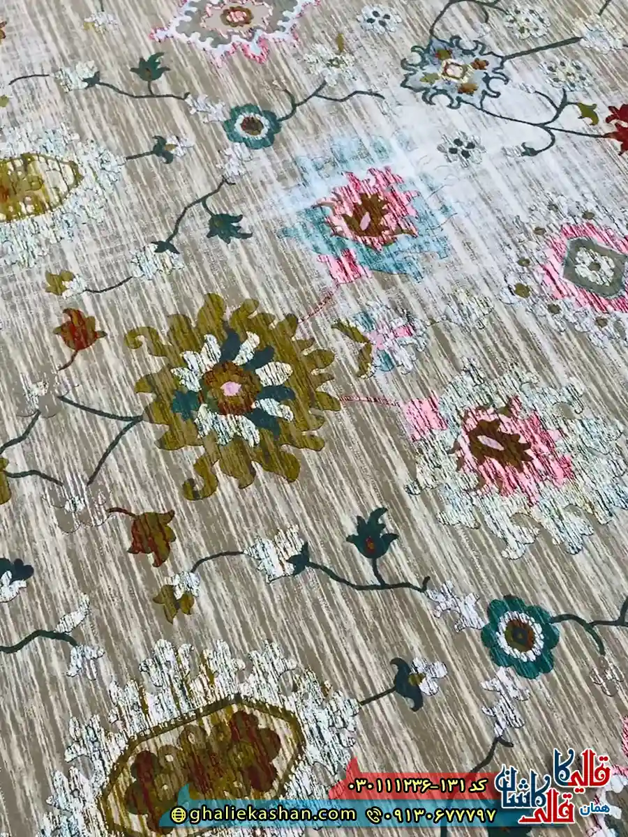 فرش وینتیج 1200 شانه طرح افشان گیلدا رنگ فیلی ترمه ای گل برجسته کاشان نزدیک
