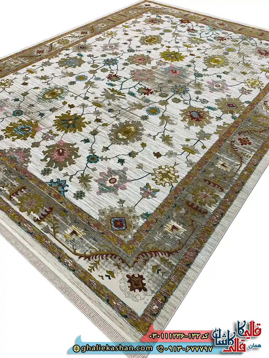 فرش وینتیج 1200 شانه طرح افشان گیلدا رنگ کرم صدفی گل برجسته کاشان اصلی