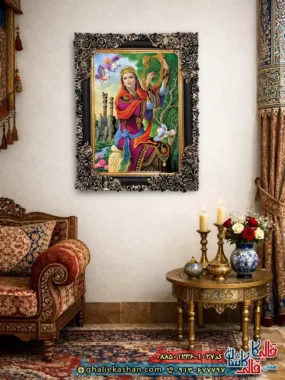تابلو فرش ماشینی چاپی طرح مینیاتور ایرانی زن چنگ نواز 1027