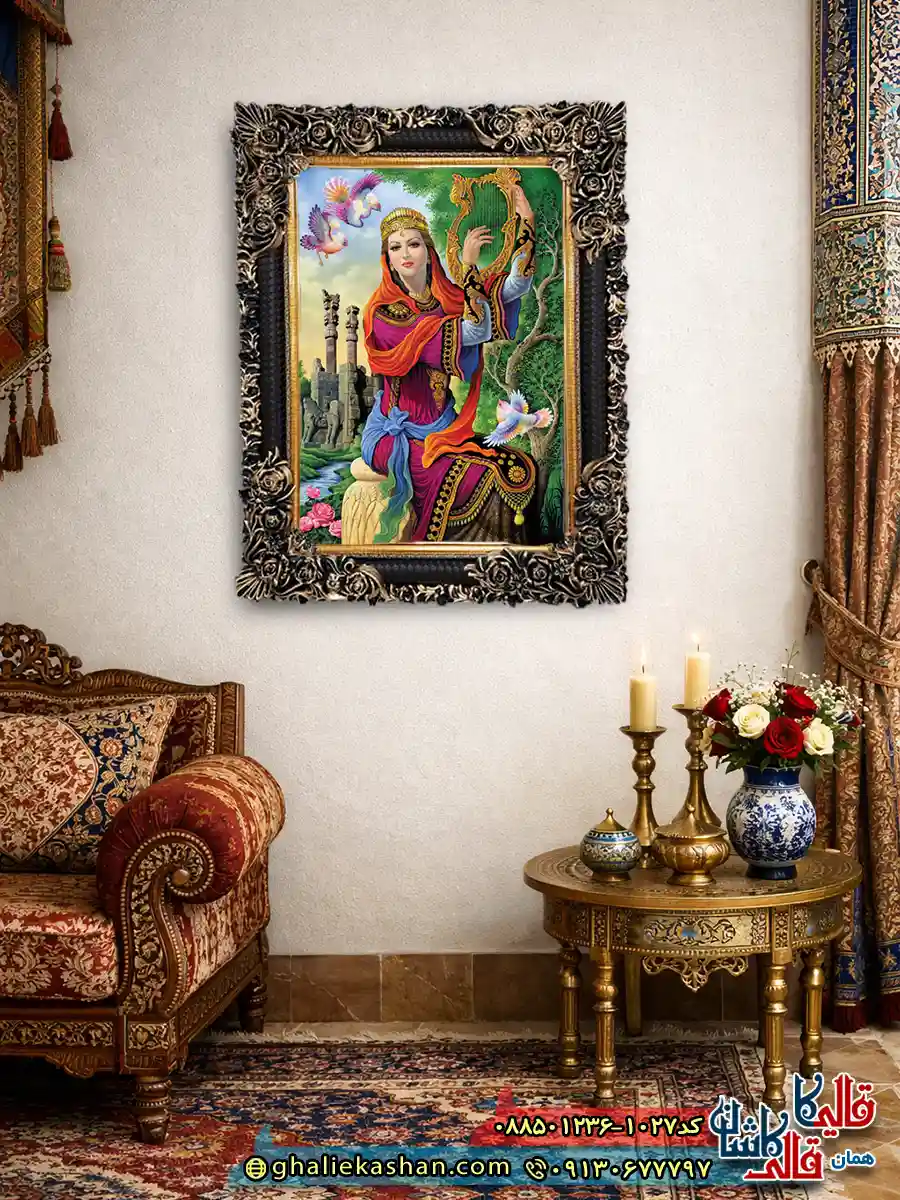 تابلو فرش ماشینی چاپی طرح مینیاتور ایرانی زن چنگ نواز 1027 دکوراسیون