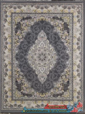 فرش 1200 شانه طرح اشکان رنگ طوسی دودی گل برجسته کاشان اصلی