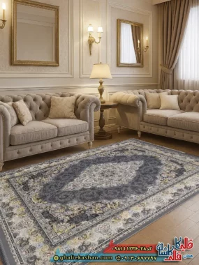 فرش 1200 شانه طرح اشکان رنگ طوسی دودی گل برجسته کاشان