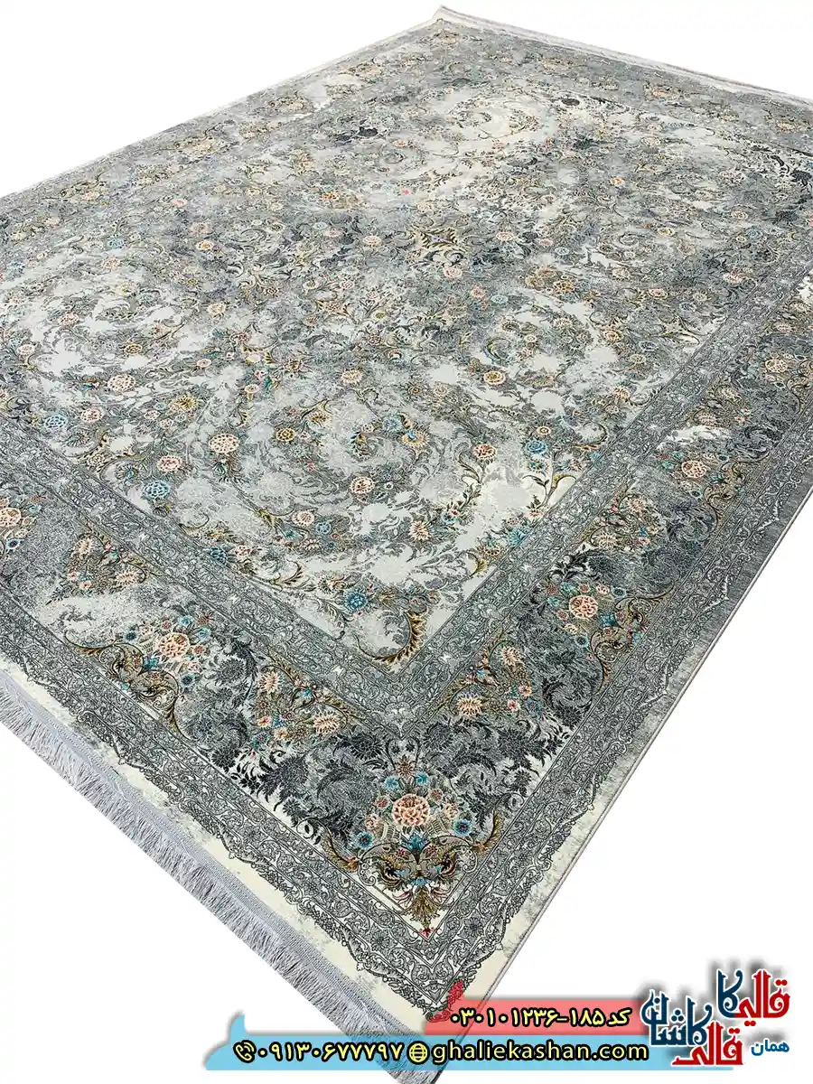 فرش 1200 شانه طرح افشان آناهیتا رنگ طوسی سیلور کاشان اصلی