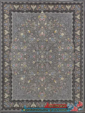 فرش ‌1200 ‌شانه ‌طرح ‌افشان ‌رایحه ‌رنگ ‌طوسی ‌نقره ‌ای ‌گل ‌برجسته ‌کاشان ‌اصلی