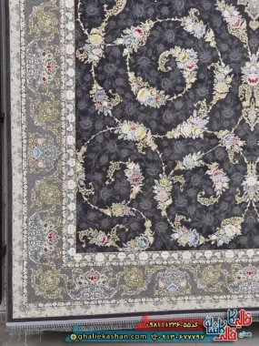فرش ‌1200 ‌شانه ‌طرح ‌افشان ‌رزیتا ‌رنگ ‌طوسی ‌دودی ‌گل ‌برجسته ‌کاشان ‌حاشیه