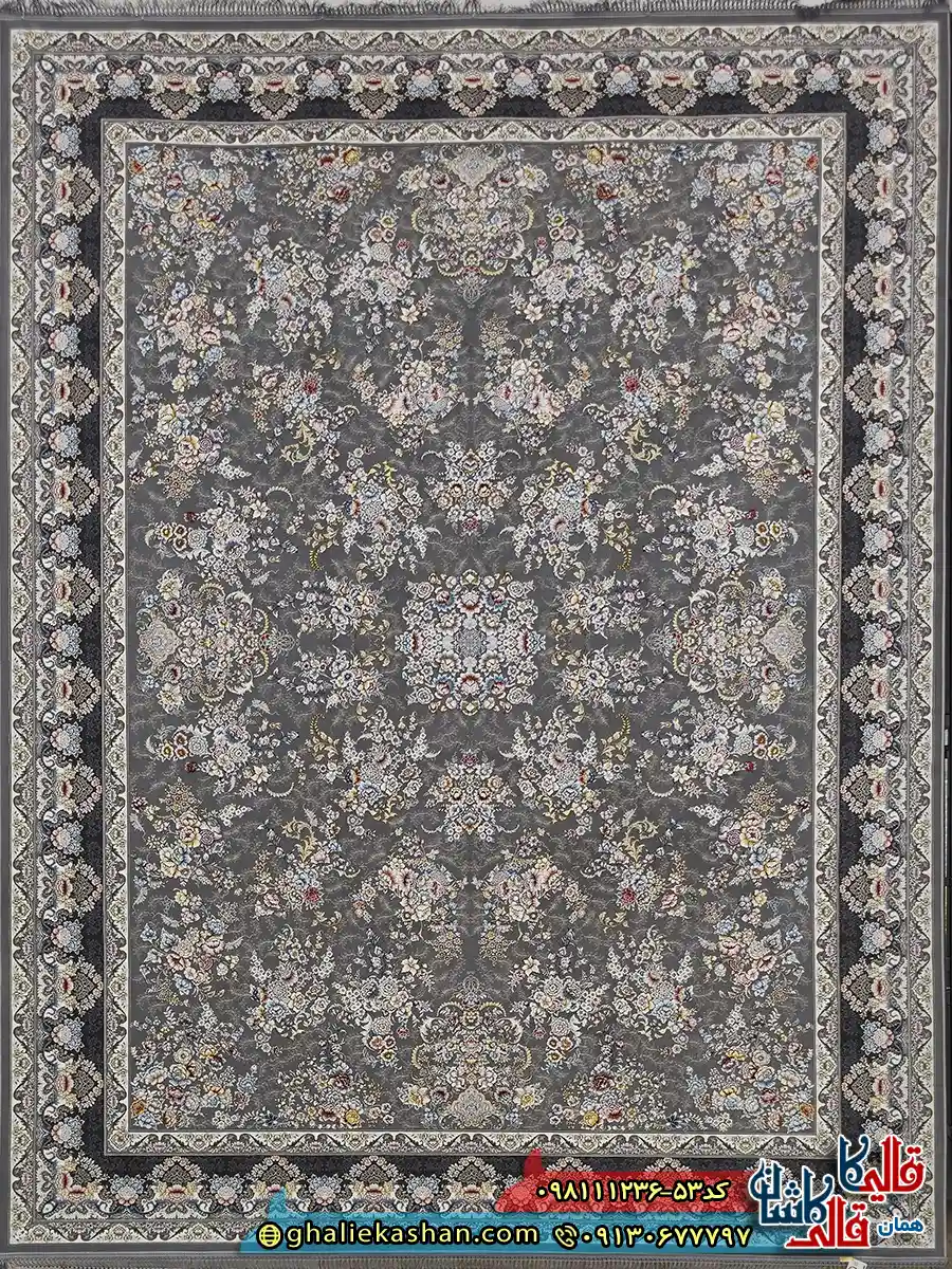 فرش 1200 شانه طرح افشان شکوفه رنگ طوسی نقره ای گل برجسته کاشان اصلی
