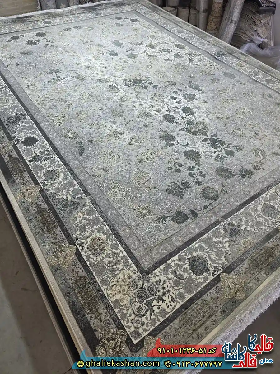 فرش وینتیج 1200 شانه طرح افشان گلبهار رنگ طوسی سبز کاشان اصلی