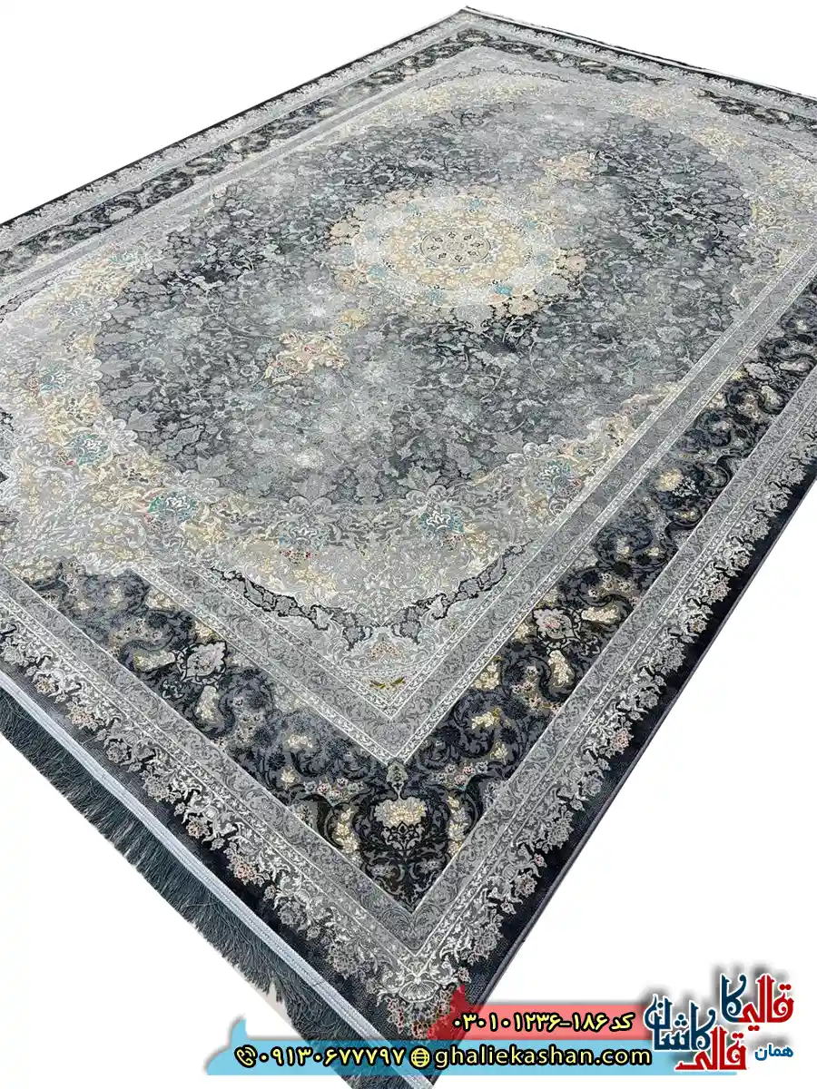 فرش وینتیج 1200 شانه طرح برکه رنگ طوسی دودی کاشان اصلی