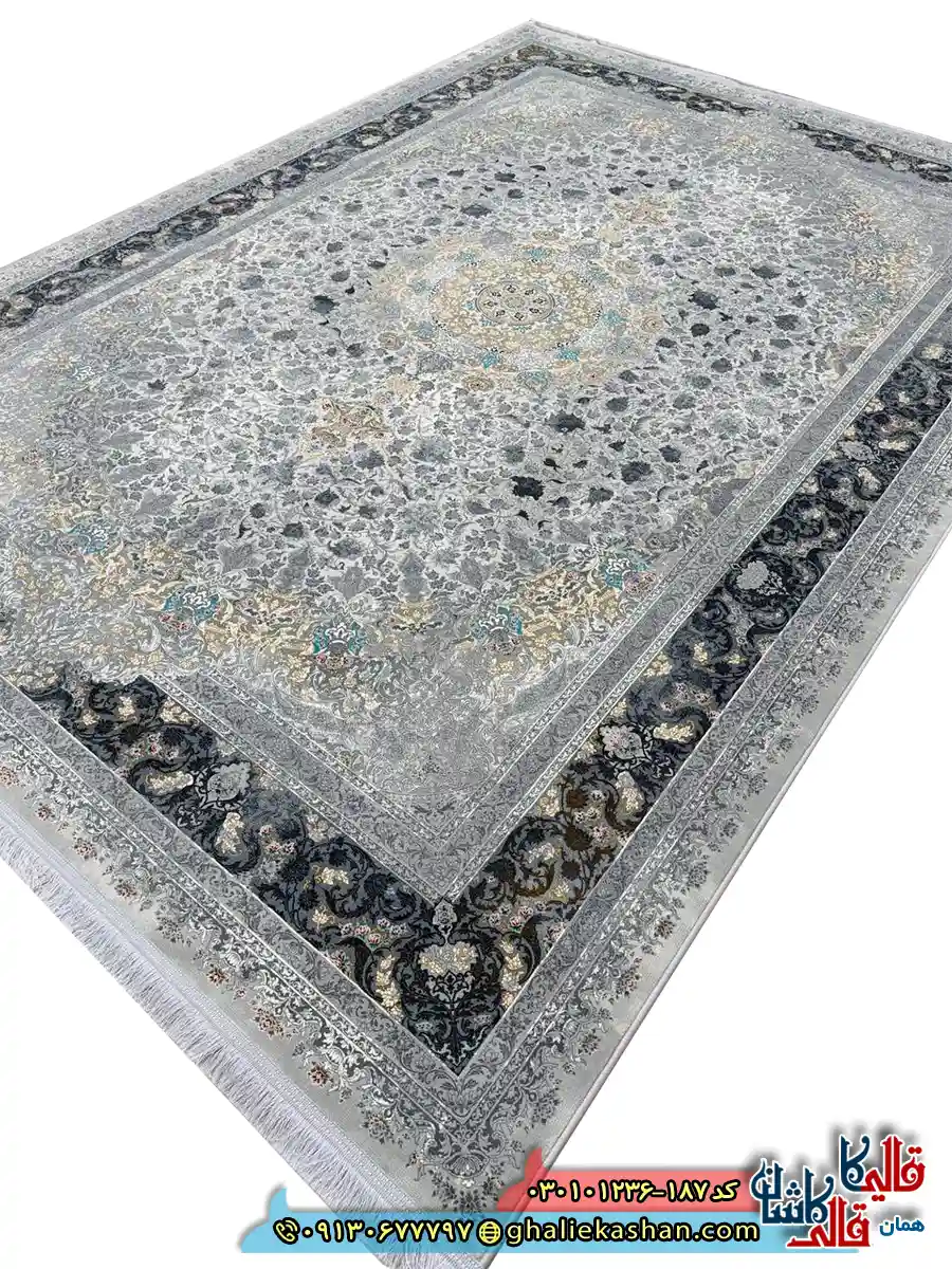 فرش وینتیج 1200 شانه طرح برکه رنگ طوسی سیلور کاشان اصلی