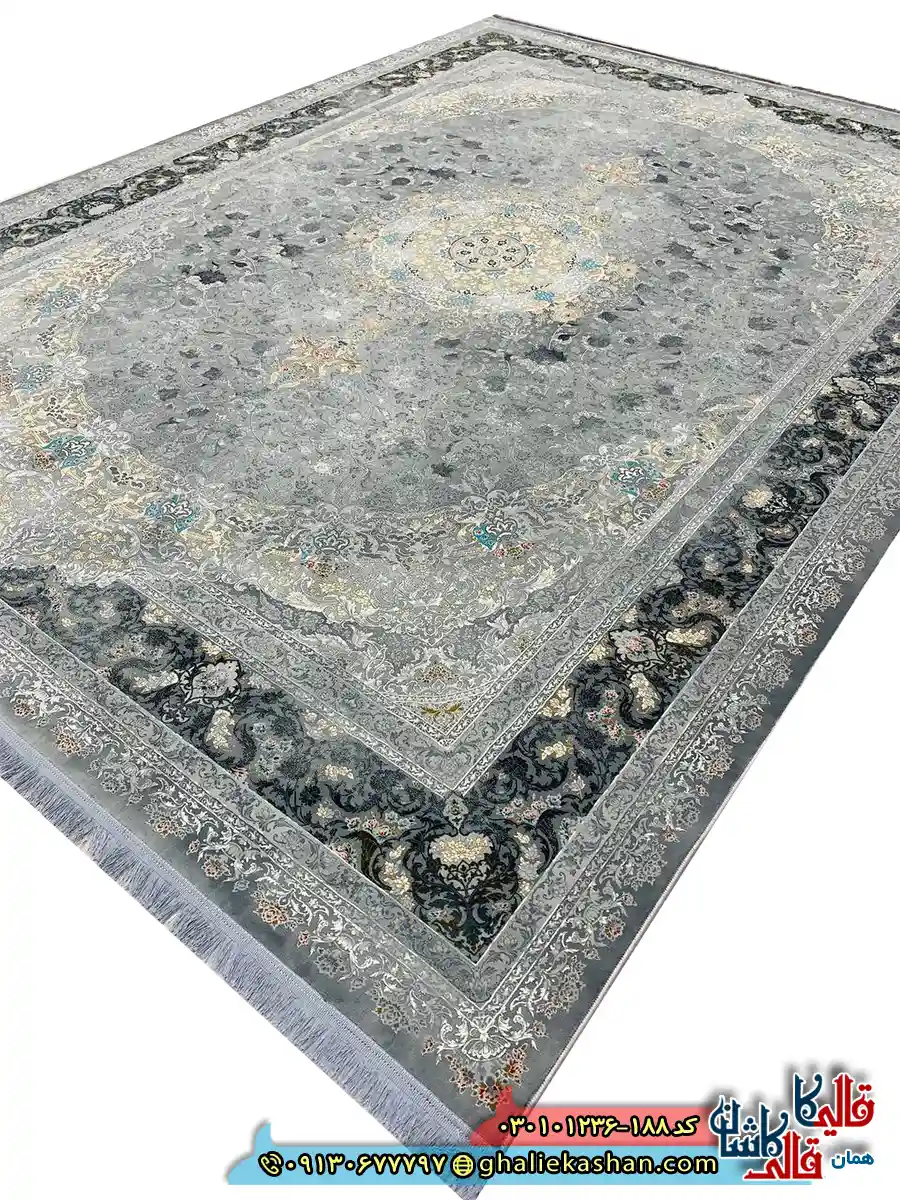 فرش وینتیج 1200 شانه طرح برکه رنگ طوسی کاشان اصلی