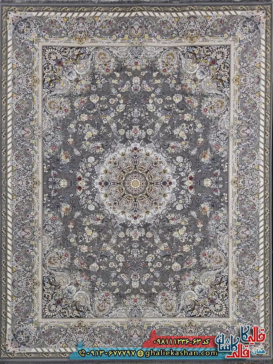 فرش ‌1200 ‌شانه ‌طرح ‌دلنواز ‌رنگ ‌طوسی ‌دودی ‌گل برجسته ‌کاشان ‌اصلی