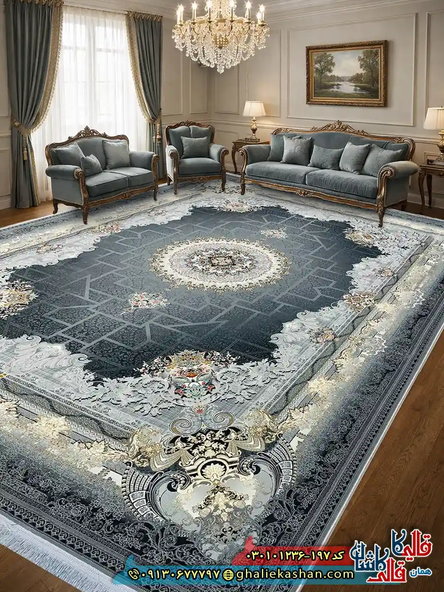 فرش 1200 شانه طرح شاهنامه رنگ طوسی کاشان دکوراسیون