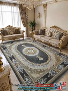 فرش طلاکوب 1200 شانه طرح صدرا رنگ مشکی زغالی گل برجسته کاشان