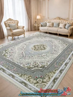 فرش 1200 شانه طرح مهتاب رنگ کرم صدفی گل برجسته کاشان