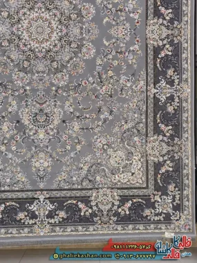 فرش 1200 شانه طرح میراث رنگ طوسی دودی گل برجسته کاشان حاشیه