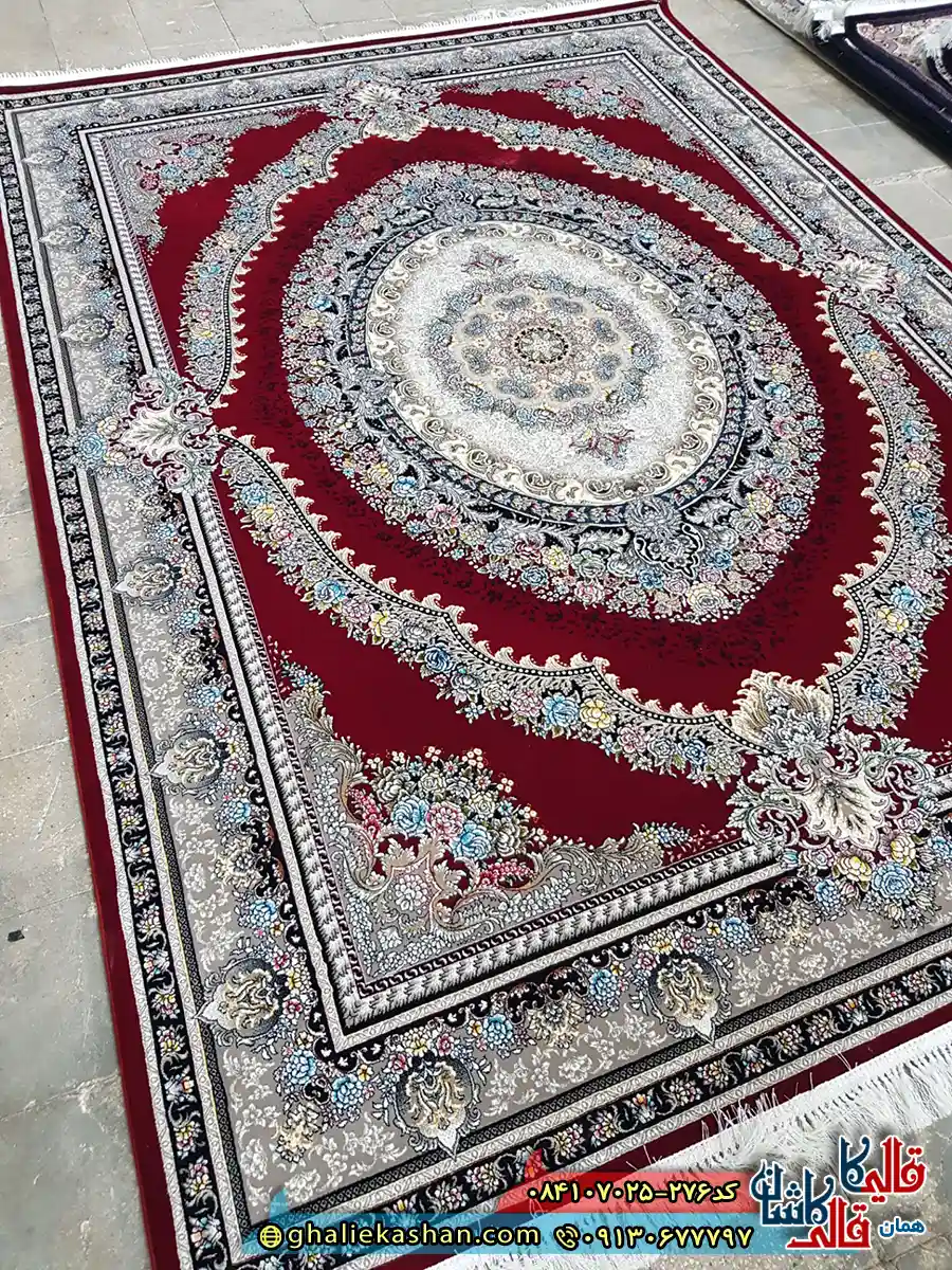 فرش 700 شانه طرح ارمغان رنگ قرمز روناسی کاشان زمینه
