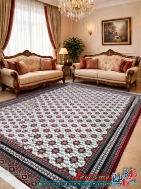 فرش 700 شانه طرح افشان ترکمن رنگ کرم کاشان