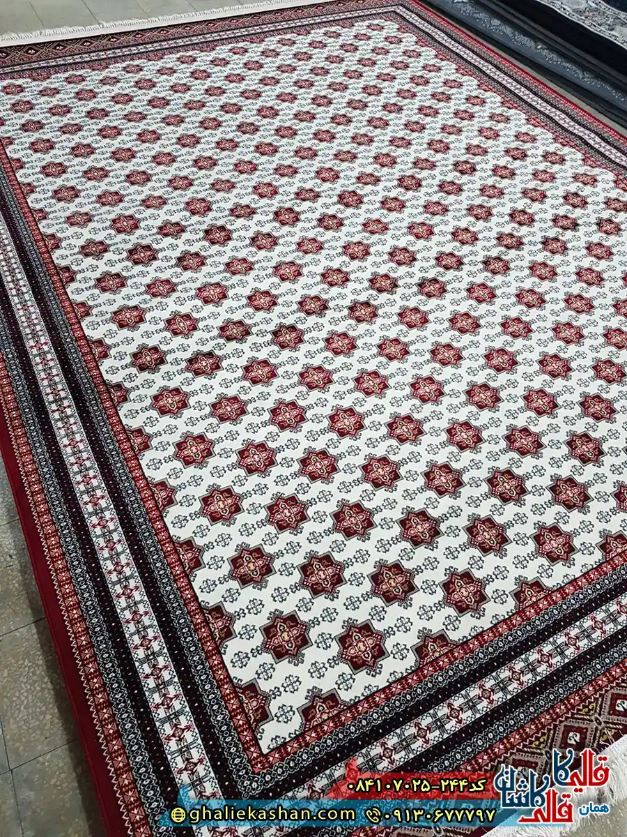 فرش 700 شانه طرح افشان ترکمن رنگ کرم کاشان زمینه 2