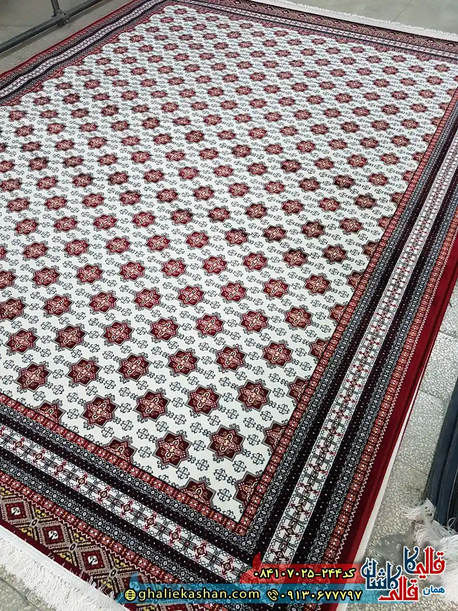 فرش 700 شانه طرح افشان ترکمن رنگ کرم کاشان زمینه