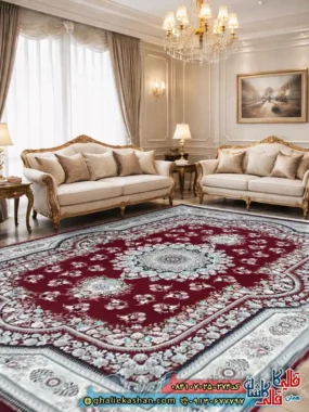 فرش 700 شانه طرح اهورا رنگ قرمز روناسی کاشان