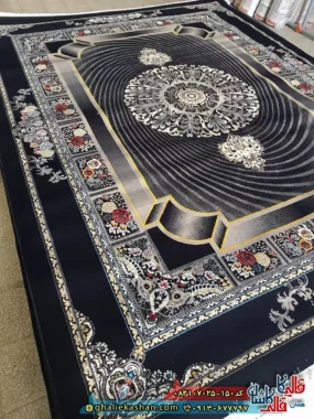 فرش 700 شانه طرح موج رنگ مشکی سرمه ای کاشان اصلی
