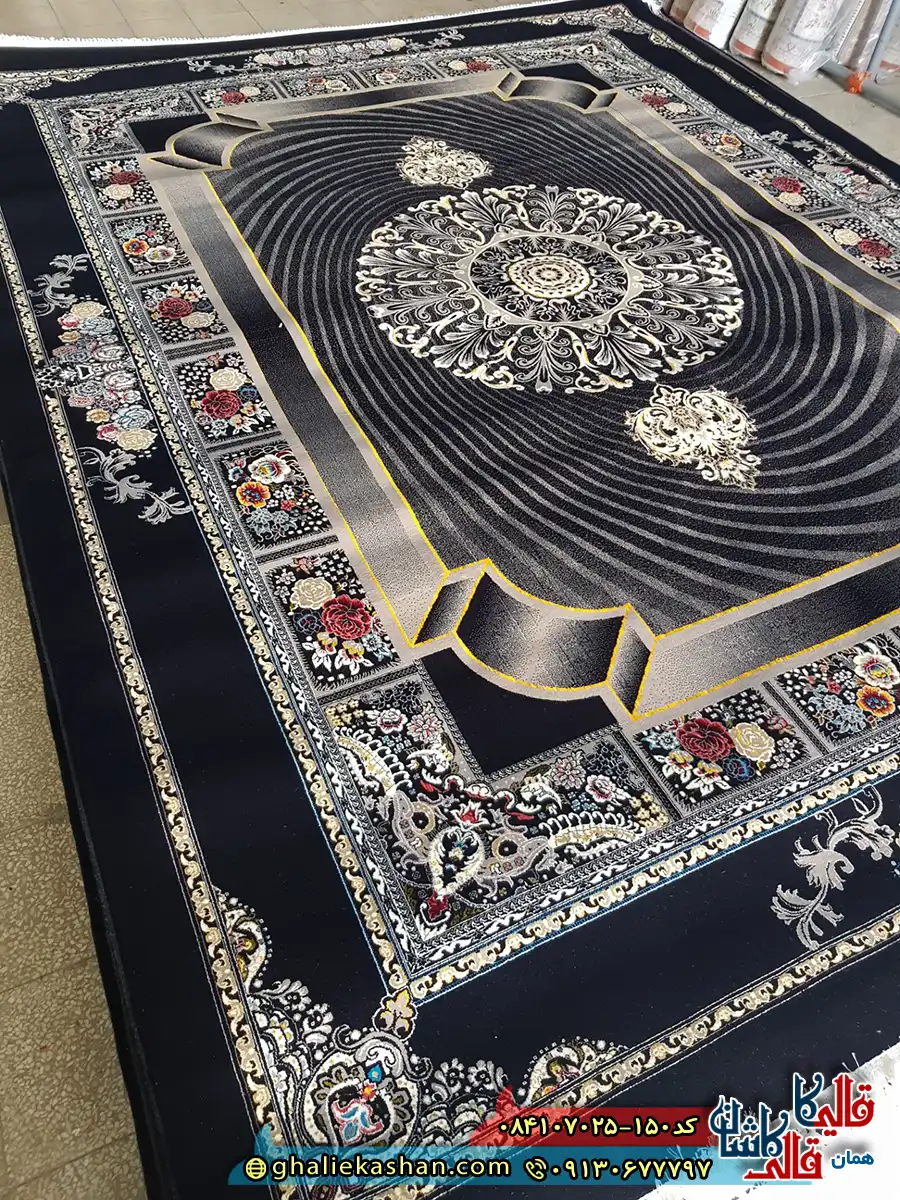 فرش 700 شانه طرح موج رنگ مشکی سرمه ای کاشان اصلی