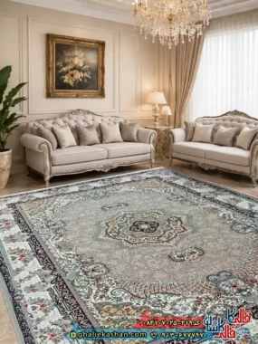 فرش ‌‌‌‌700 ‌‌‌‌شانه ‌‌‌‌طرح ‌‌‌‌ژاکلین ‌‌‌‌رنگ ‌‌‌‌طوسی ‌‌‌‌فیلی ‌‌‌‌کاشان ‌‌‌‌