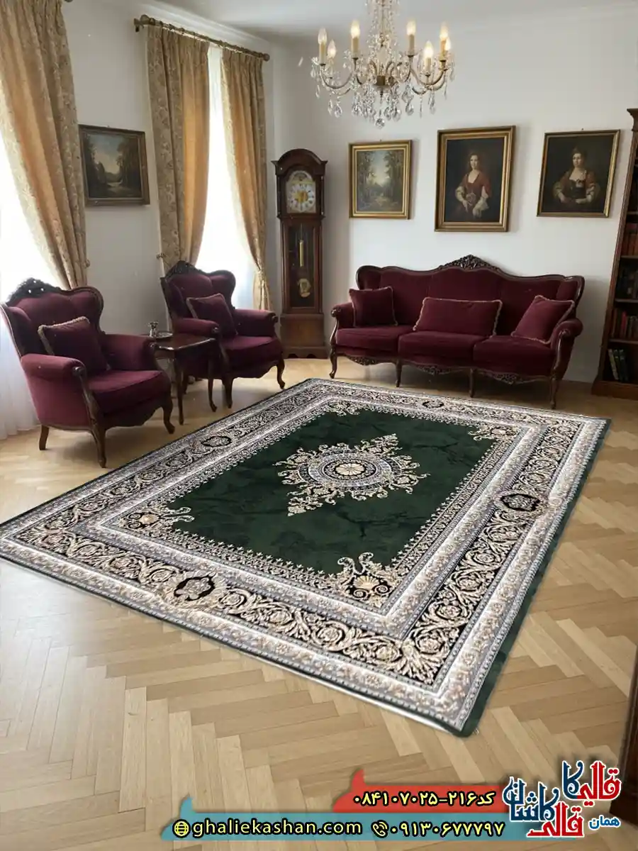 فرش ‌‌‌‌700 ‌‌‌‌شانه ‌‌‌‌طرح ‌‌‌‌ژیوا ‌‌‌‌رنگ ‌‌‌‌سبز ‌‌‌‌کاشان ‌‌‌‌دکوراسیون