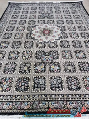 فرش خشتی 700 شانه طرح جیران رنگ سرمه ای کاشان اصلی