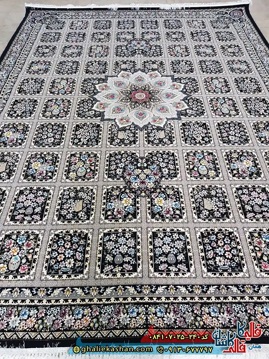 فرش خشتی 700 شانه طرح جیران رنگ سرمه ای کاشان اصلی