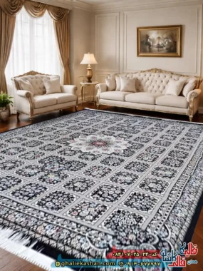 فرش خشتی 700 شانه طرح جیران رنگ سرمه ای کاشان