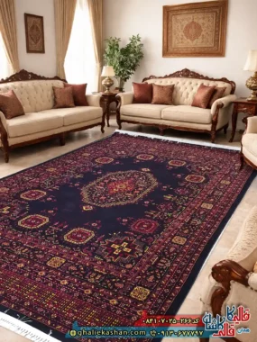 فرش سنتی 700 شانه طرح آرمان رنگ سرمه ای کاشان