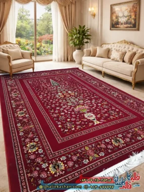 فرش سنتی 700 شانه طرح افشان باغ گل رنگ قرمز روناسی کاشان