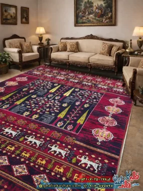 فرش سنتی 700 شانه طرح قشقایی رنگ قرمز روناسی کاشان