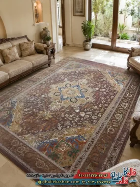 فرش سنتی کلاسیک  1200  شانه طرح هریس رنگ سوسنی قهوه ای گل برجسته کاشان