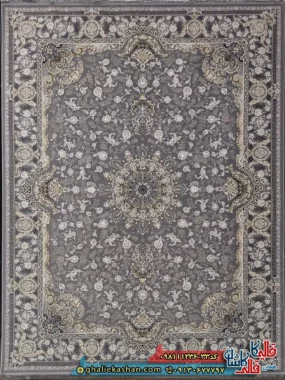 فرش ‌طلاکوب ‌1200 ‌شانه ‌طرح ‌آلنا ‌رنگ ‌طوسی ‌نقره ‌ای ‌گل ‌برجسته ‌کاشان ‌اصلی