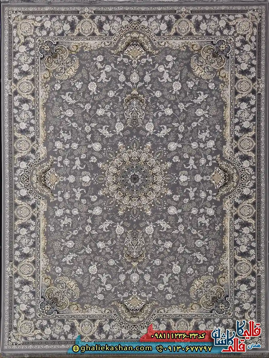 فرش ‌طلاکوب ‌1200 ‌شانه ‌طرح ‌آلنا ‌رنگ ‌طوسی ‌نقره ‌ای ‌گل ‌برجسته ‌کاشان ‌اصلی