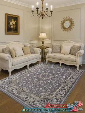 فرش ‌طلاکوب ‌1200 ‌شانه ‌طرح ‌آلنا ‌رنگ ‌طوسی ‌نقره ‌ای ‌گل ‌برجسته ‌کاشان