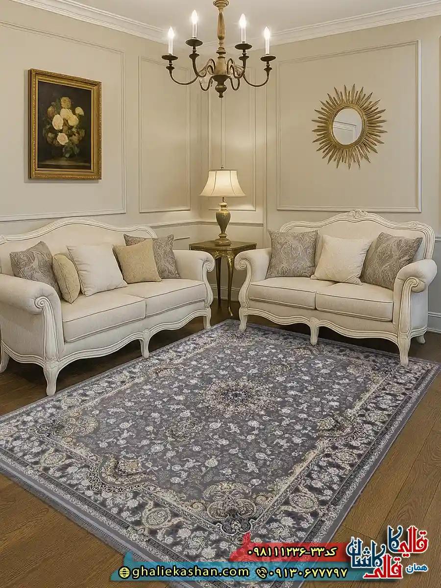 فرش ‌طلاکوب ‌1200 ‌شانه ‌طرح ‌آلنا ‌رنگ ‌طوسی ‌نقره ‌ای ‌گل ‌برجسته ‌کاشان ‌دکوراسیون