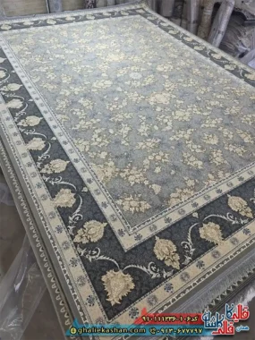 فرش طلاکوب 1200 شانه طرح افشان النا رنگ طوسی حاشیه دودی  گل برجسته کاشان