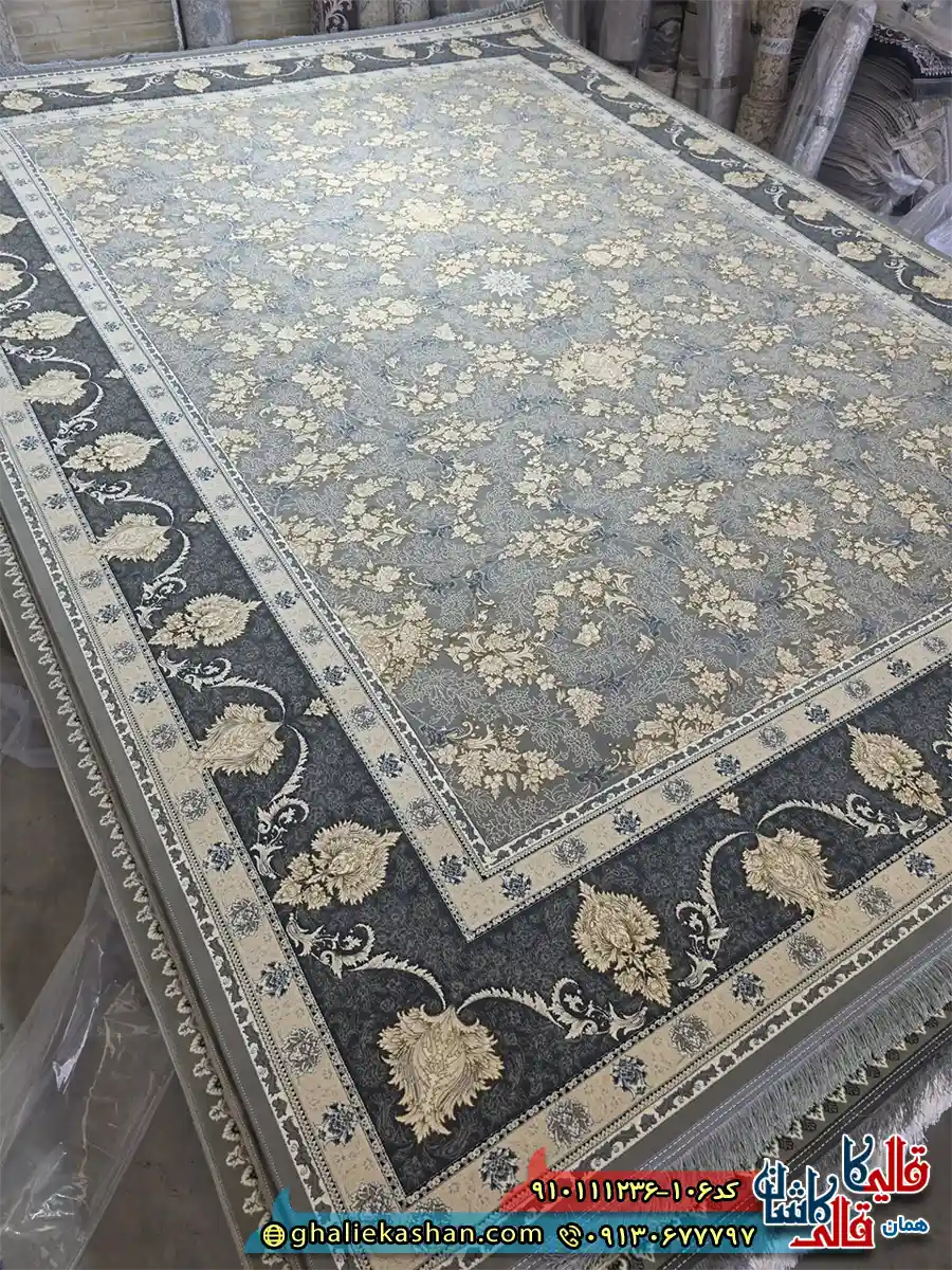 فرش طلاکوب 1200 شانه طرح افشان النا رنگ طوسی حاشیه دودی گل برجسته کاشان اصلی فرش طلاکوب 1200 شانه طرح افشان النا رنگ طوسی حاشیه دودی گل برجسته کاشان اصلی