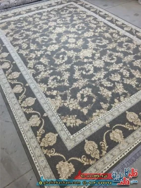فرش طلاکوب 1200 شانه طرح افشان النا رنگ طوسی گل برجسته کاشان
