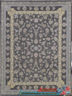 فرش ‌طلاکوب ‌1200 ‌شانه ‌طرح ‌افشان ‌شیرین رنگ ‌طوسی ‌دودی ‌گل ‌برجسته ‌کاشان ‌اصلی