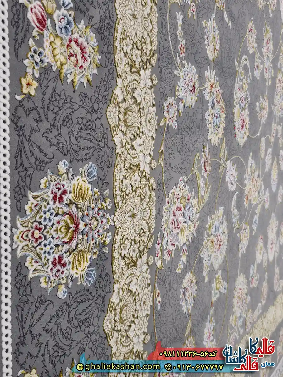 فرش طلاکوب 1200 شانه طرح افشان شیرین رنگ طوسی دودی گل برجسته کاشان نزدیک